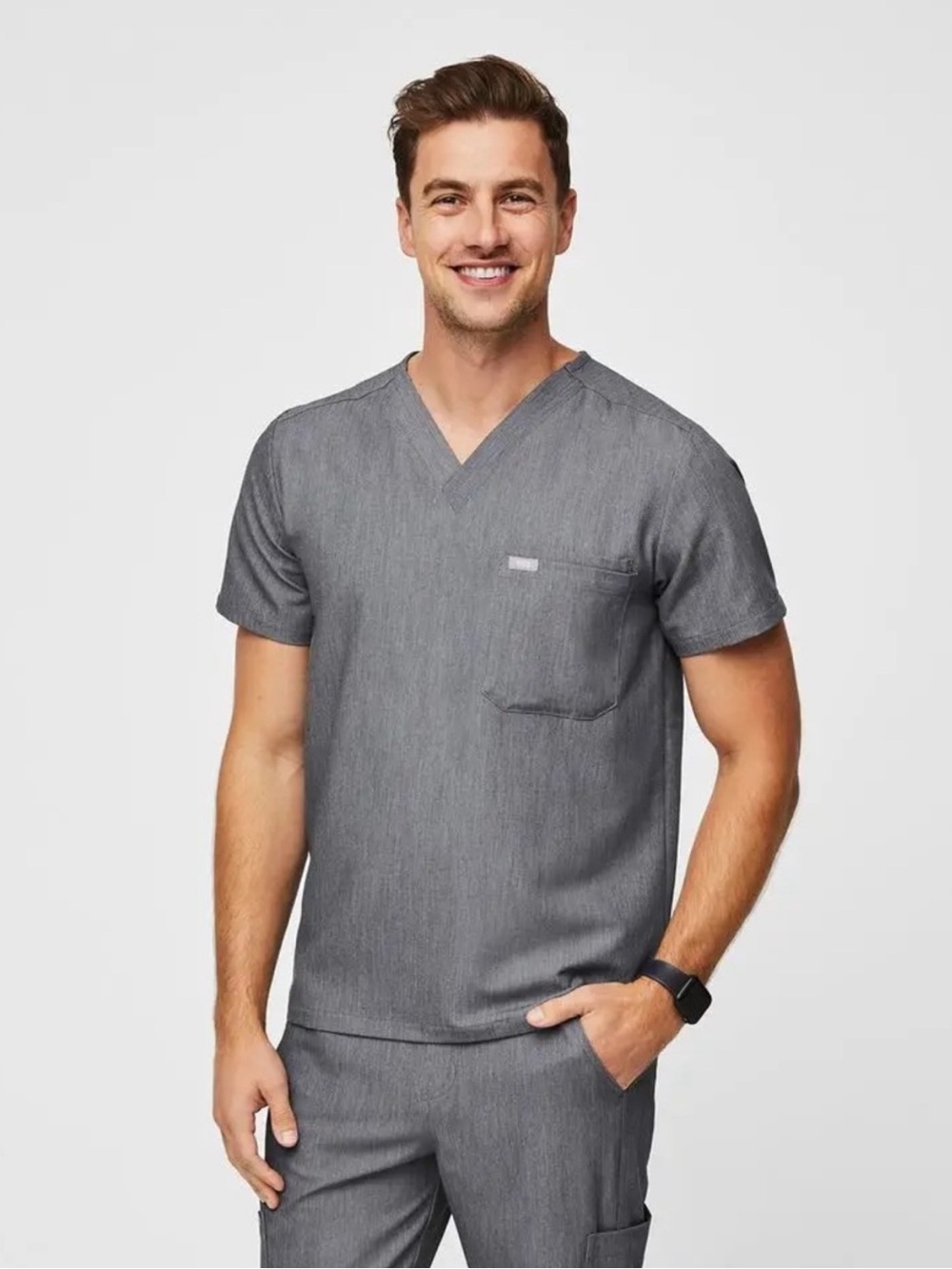 Leon Three Pocket Scrub Top Mens Graphite Gray Large Short Sleeve Healthcare